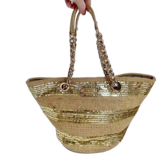 Kate Spade Woven Tote Bag Gold Sequins Summer Bag Beach Tote Shoulder Bag - Picture 2 of 9